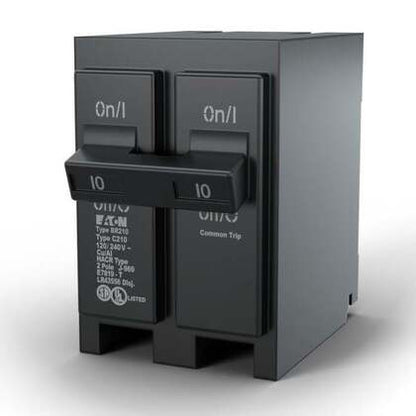 Product image of BRK-10A-2-240V, an Enphase 10A 2-pole circuit breaker with common trip handles on a white background.