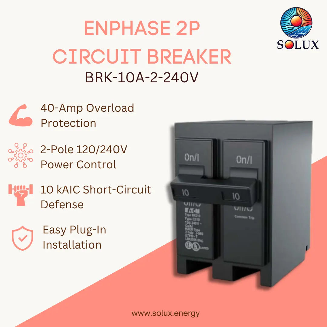 A SOLUX ENPHASE 2P CIRCUIT BREAKER, model BRK-10A-2-240V, shown on a light beige and coral pink graphic background with product features listed on the left.