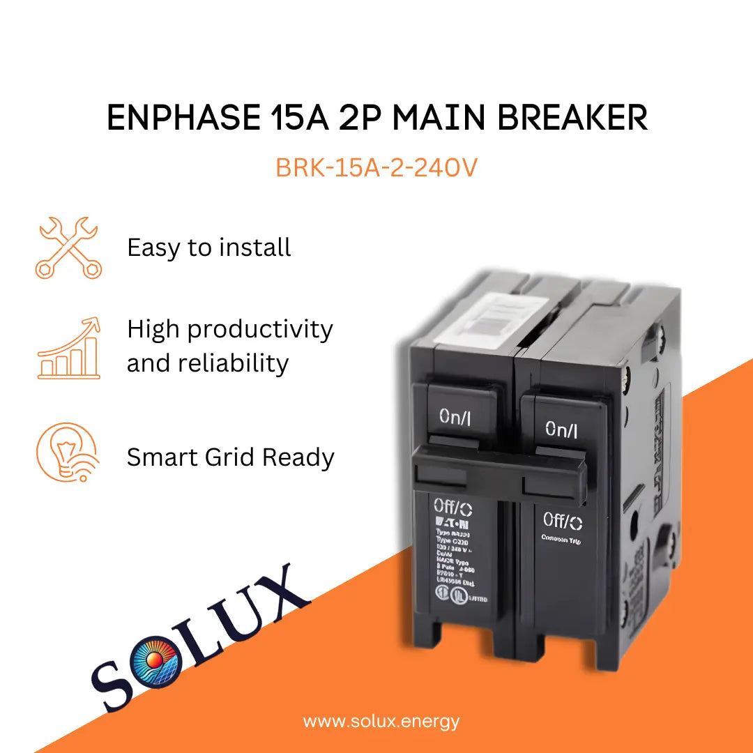 Enphase Main Circuit Breaker 15A 2P BRK-15A-2-240V graphic: Easy to install, high reliability, and Smart Grid Ready.