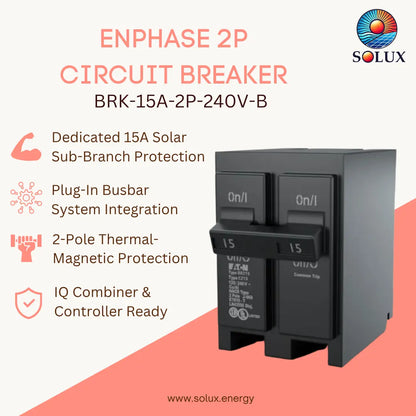 A 2-pole circuit breaker by Solux, model BRK-15A-2P-240V-B, shown on a stylized white and coral background with feature callouts including solar sub-branch protection, plug-in busbar integration, thermal-magnetic protection, and IQ combiner readiness.