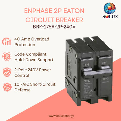 A Solux Enphase 2P Eaton circuit breaker, model BRK-40A-2P-240V-B, shown on a split beige and coral background with product feature callouts on the left.