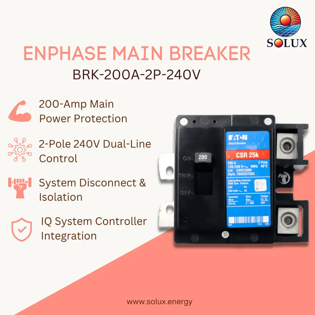 SOLUX enphase main breaker BRK-200A-2P-240V shown on a light beige and coral pink graphic background with product features listed on the left.