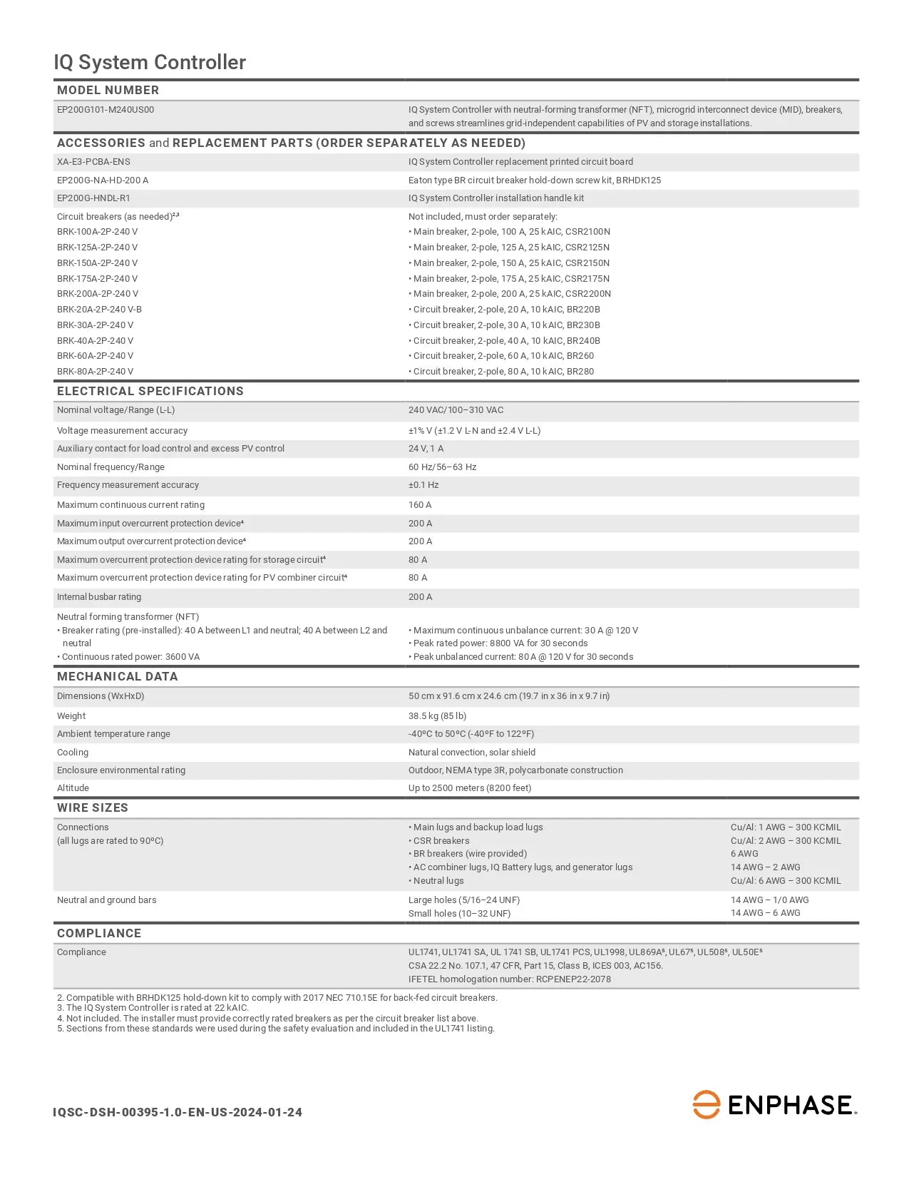 Technical specifications sheet for an IQ System Controller by Enphase