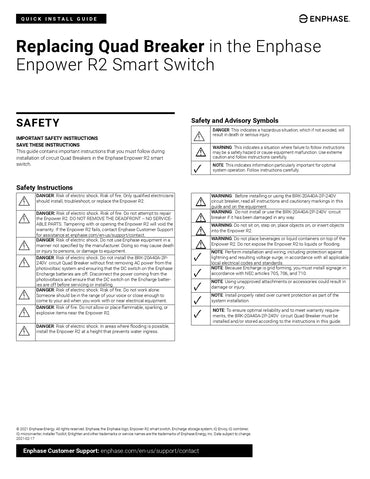 BRK-20A40A-4P-240V 4 pole circuit breaker install guide page for Enphase Enpower R2 Smart Switch with safety warnings.