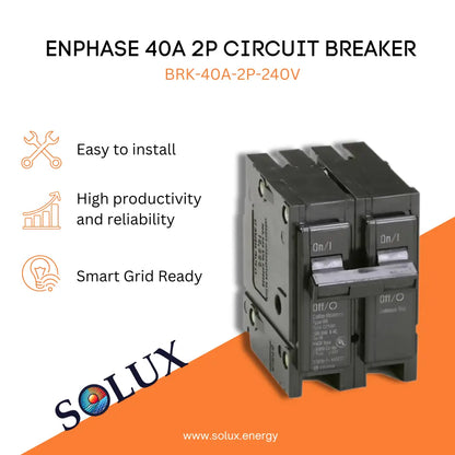 Enphase 2P 40A Breaker (Curcuit Breaker BRK-40A-2P-240V) product graphic with feature icons and SOLUX branding