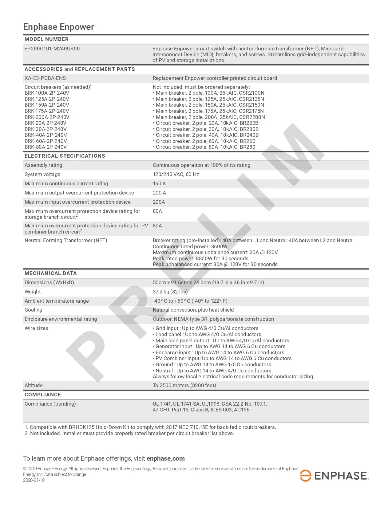 IQ Combiner 5/5C datasheet listing specifications, compatible circuit breakers, and cellular modem options.