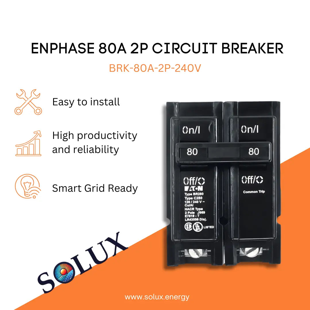 Enphase 2 pole Circuit Breaker 80A BRK-80A-2P-240V: Easy install, high reliability, and Smart Grid Ready infographic.