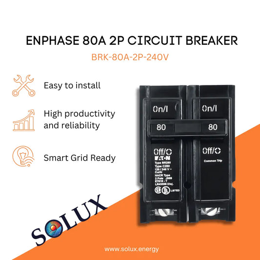 Enphase 2 pole Circuit Breaker 80A BRK-80A-2P-240V: Easy install, high reliability, and Smart Grid Ready infographic.