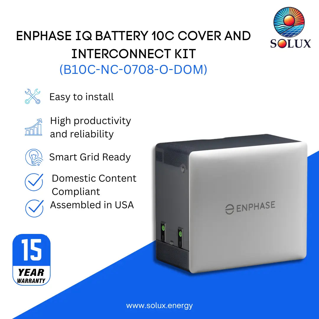 Enphase battery cover for IQ Battery 10C (B10C-NC-0708-O-DOM), silver finish, domestic content compliant, 15-year warranty.