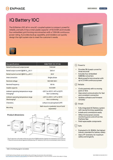 B10C-NC-0708-O-DOM enphase iq battery 10c datasheet, 10kWh capacity, 7.08kVA power, LFP chemistry, and dimensions.