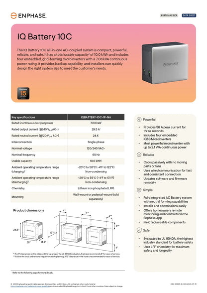 B10C-NC-0708-O-DOM enphase iq battery 10c datasheet, 10kWh capacity, 7.08kVA power, LFP chemistry, and dimensions.