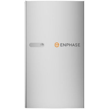 Product image of IQBAT-5P-1P-NA-DOM, a sleek silver Enphase IQ Battery 5P with central logo and green status LED.