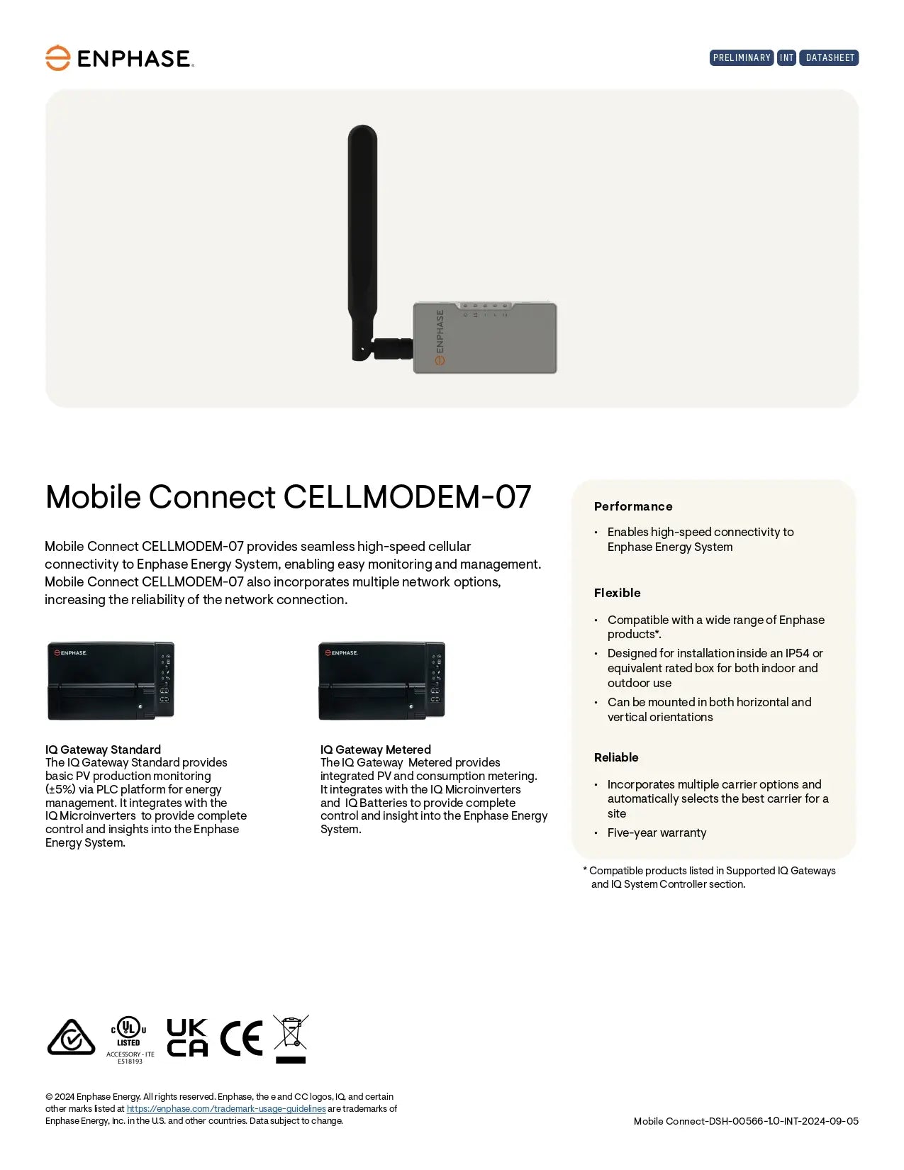 Enphase CELLMODEM-07-INT-05 4g cell modem datasheet for IQ Gateway Standard and Metered high-speed connectivity.