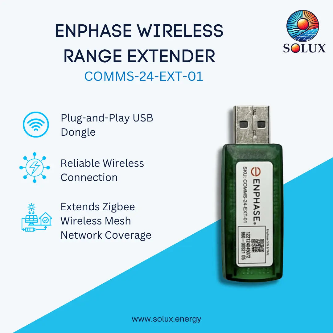 Solux Enphase Wireless Range Extender COMMS-24-EXT-01 in a translucent dark green USB dongle, shown on a light blue and cyan graphic background with product features and branding.