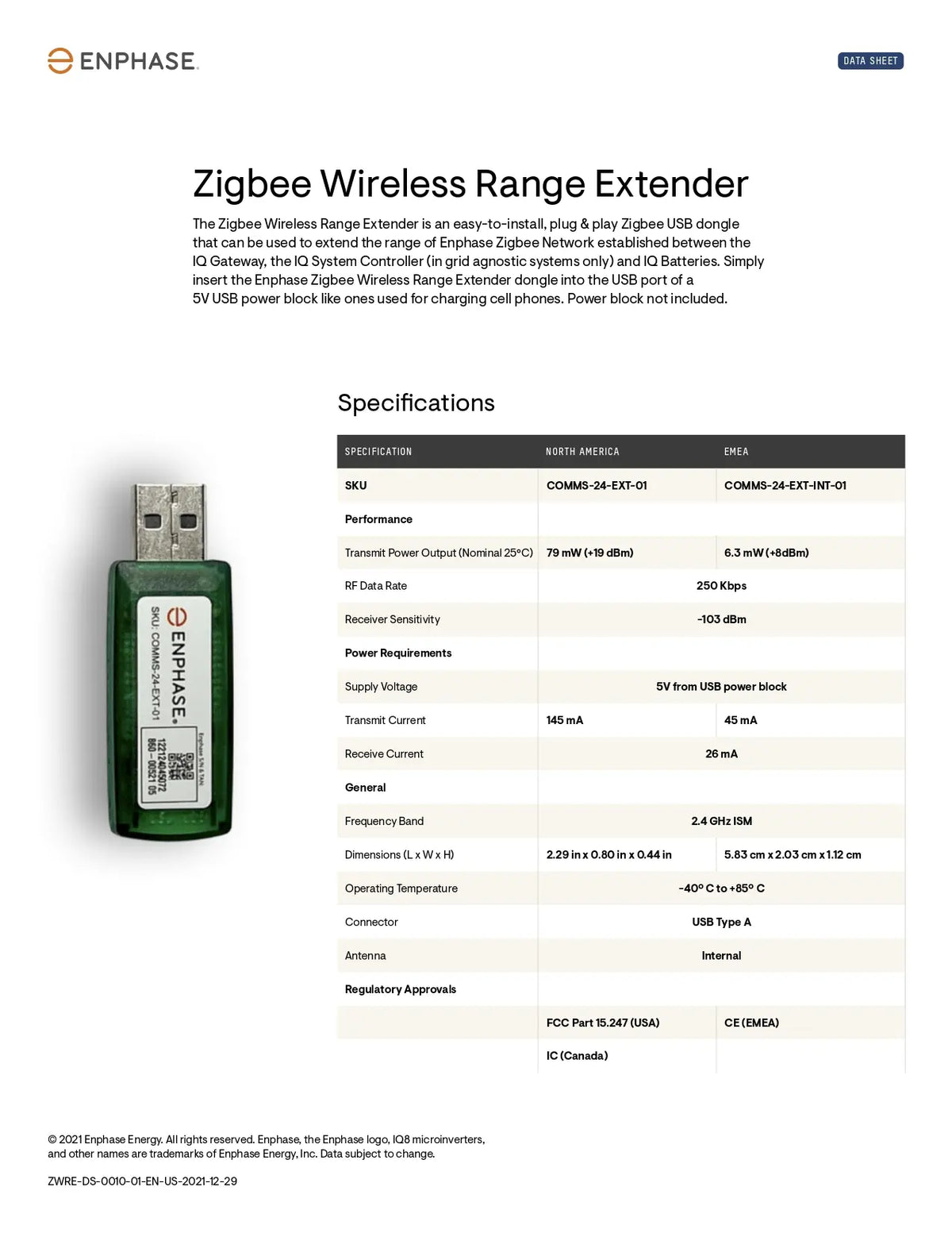 A product specification sheet for the Enphase Zigbee Wireless Range Extender, featuring a small green and white USB dongle on the left and a detailed table of technical specifications on the right against a white background.