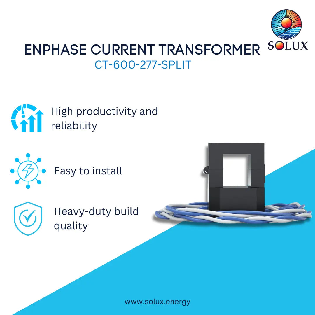 An ENPHASE CURRENT TRANSFORMER CT-600-277-SPLIT by Solux, shown as a black rectangular device with blue and white wires coiled around its base. The image is a promotional graphic on a white and bright blue background with feature icons and the Solux logo.