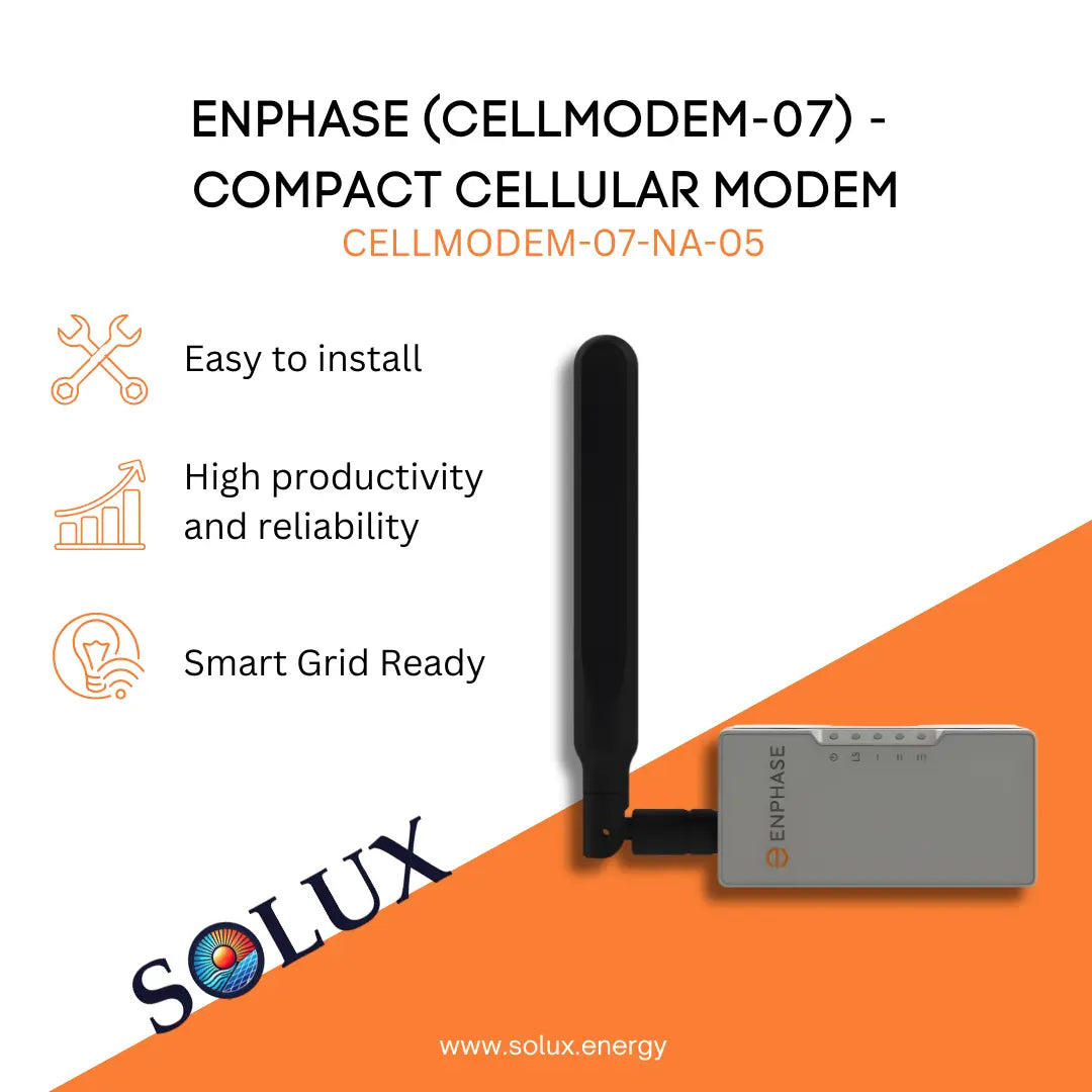 Enphase cellular modem (CELLMODEM-07-NA-05), compact design with antenna, easy install, smart grid ready.