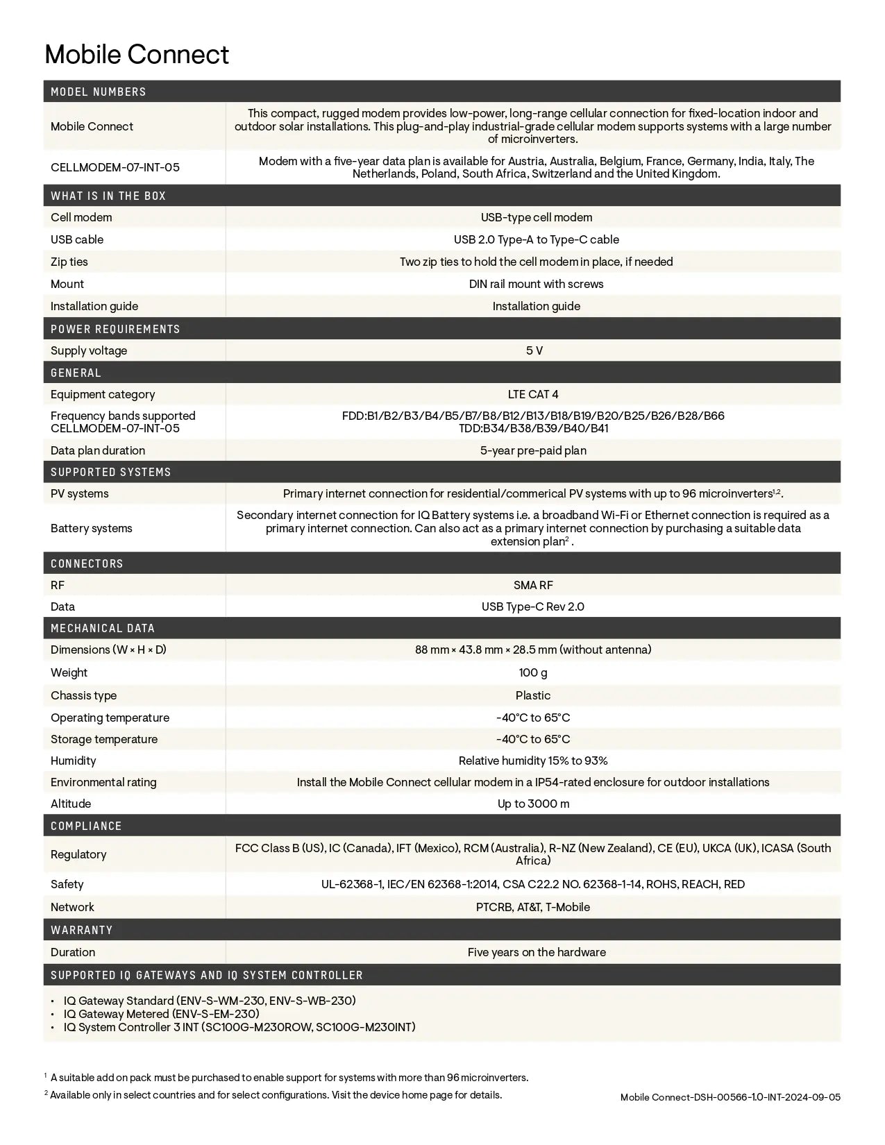 CELLMODEM-07-NA-05 4g lte cellular modem datasheet with LTE CAT 4 specs, 5-year data plan, and IQ Gateway compatibility.