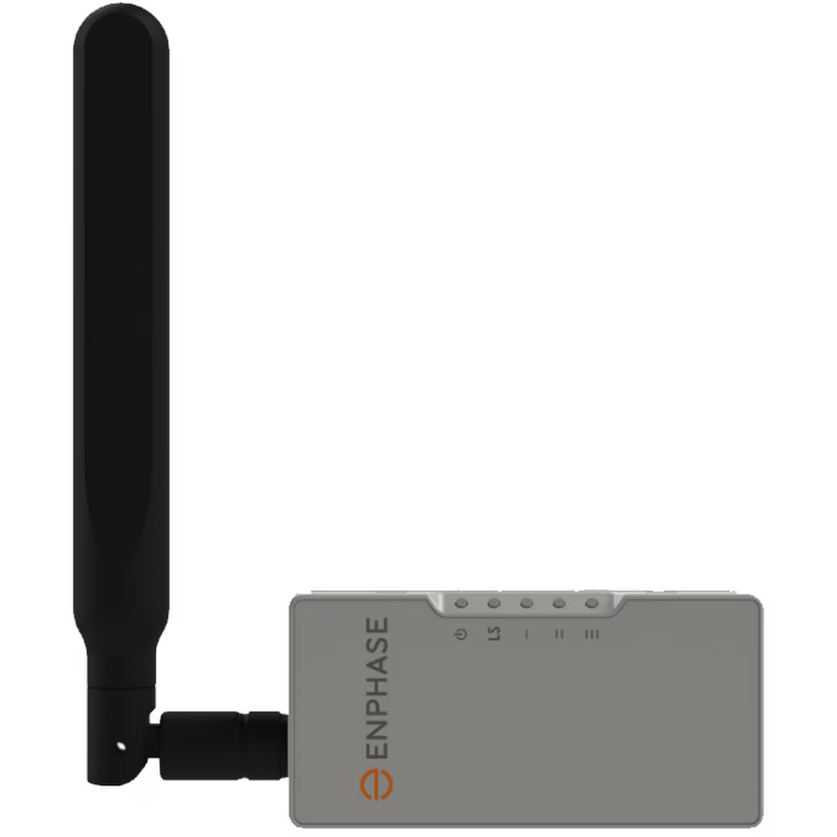 Product image of CELLMODEM-07-NA-05, showing the Enphase grey cellular modem box with a black upright antenna and LED indicators.