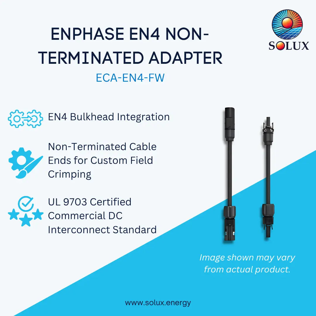 Promotional graphic for a Solux ENphase EN4 non-terminated adapter, showing two black cable connectors on a white and blue background with feature callouts and the model ECA-EN4-FW.