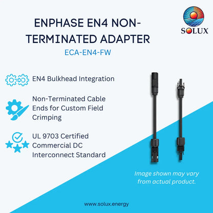 Promotional graphic for a Solux ENphase EN4 non-terminated adapter, showing two black cable connectors on a white and blue background with feature callouts and the model ECA-EN4-FW.