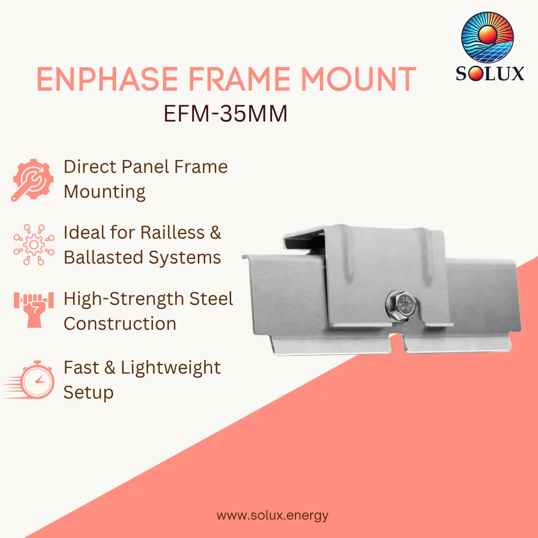 A promotional product graphic for the SOLUX Enphase Frame Mount EFM-35MM. The image features a metallic silver frame mount on the right, accompanied by four feature callouts on the left: 'Direct Panel Frame Mounting', 'Ideal for Railless & Ballasted Systems', 'High-Strength Steel Construction', and 'Fast & Lightweight Setup'.