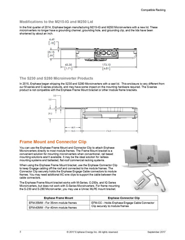 EFM-35MM solar module frame 35mm datasheet detailing Enphase frame mount and connector clip compatibility.