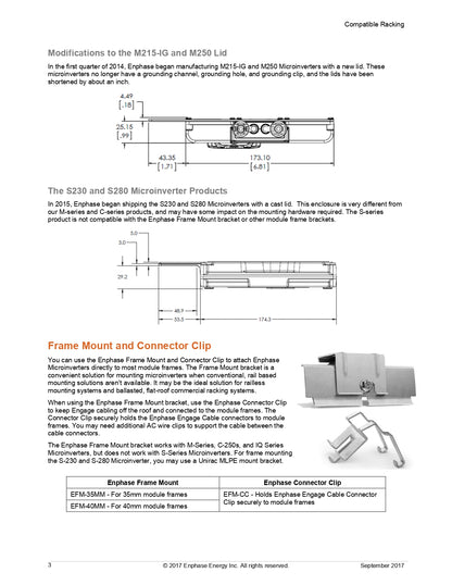 EFM-35MM solar module frame 35mm datasheet detailing Enphase frame mount and connector clip compatibility.