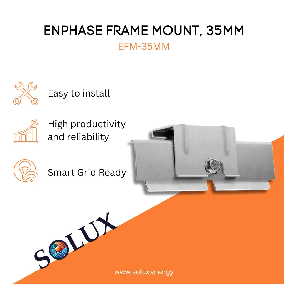 Product graphic for Enphase Frame Mount, 35mm (EFM-35MM). Features: Easy to install, reliable, and smart grid ready.