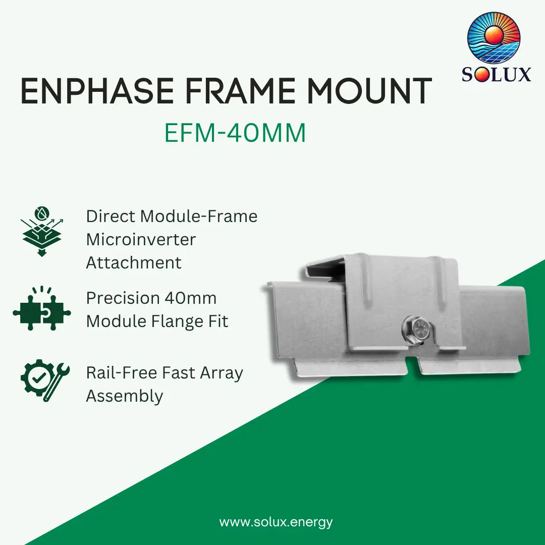 SOLUX Enphase Frame Mount EFM-40MM for direct module-frame microinverter attachment, shown on a white and green graphic background with product features listed on the left.