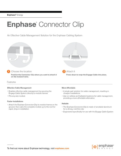EFM-CC connector clips brochure showing how to attach the anodized aluminum clips to solar module frames.