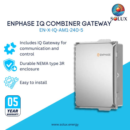 Solux Enphase IQ Combiner Gateway EN-X-IQ-AM1-240-5 product graphic on a white and blue background, showing the silver metal enclosure and feature callouts including NEMA type 3R enclosure and 05 year warranty.