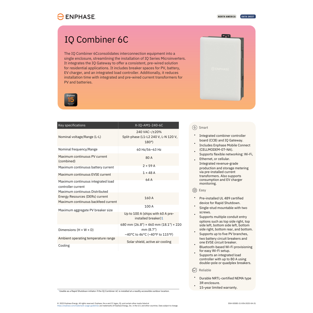 Technical datasheet of EN-X-IQ-AM1-240-6C enphase iq combiner 6c