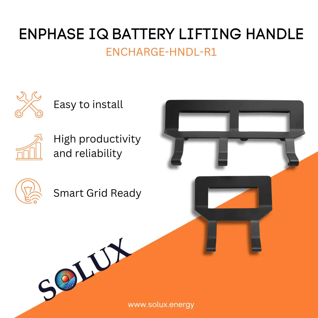 Enphase Battery Handling Equipment (ENCHARGE-HNDL-R1) ad showing two handles with points: easy install, reliable, smart grid ready.