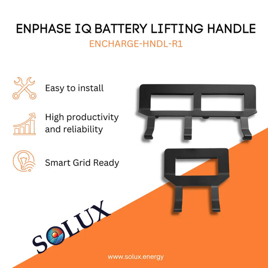 Enphase Battery Handling Equipment (ENCHARGE-HNDL-R1) ad showing two handles with points: easy install, reliable, smart grid ready.