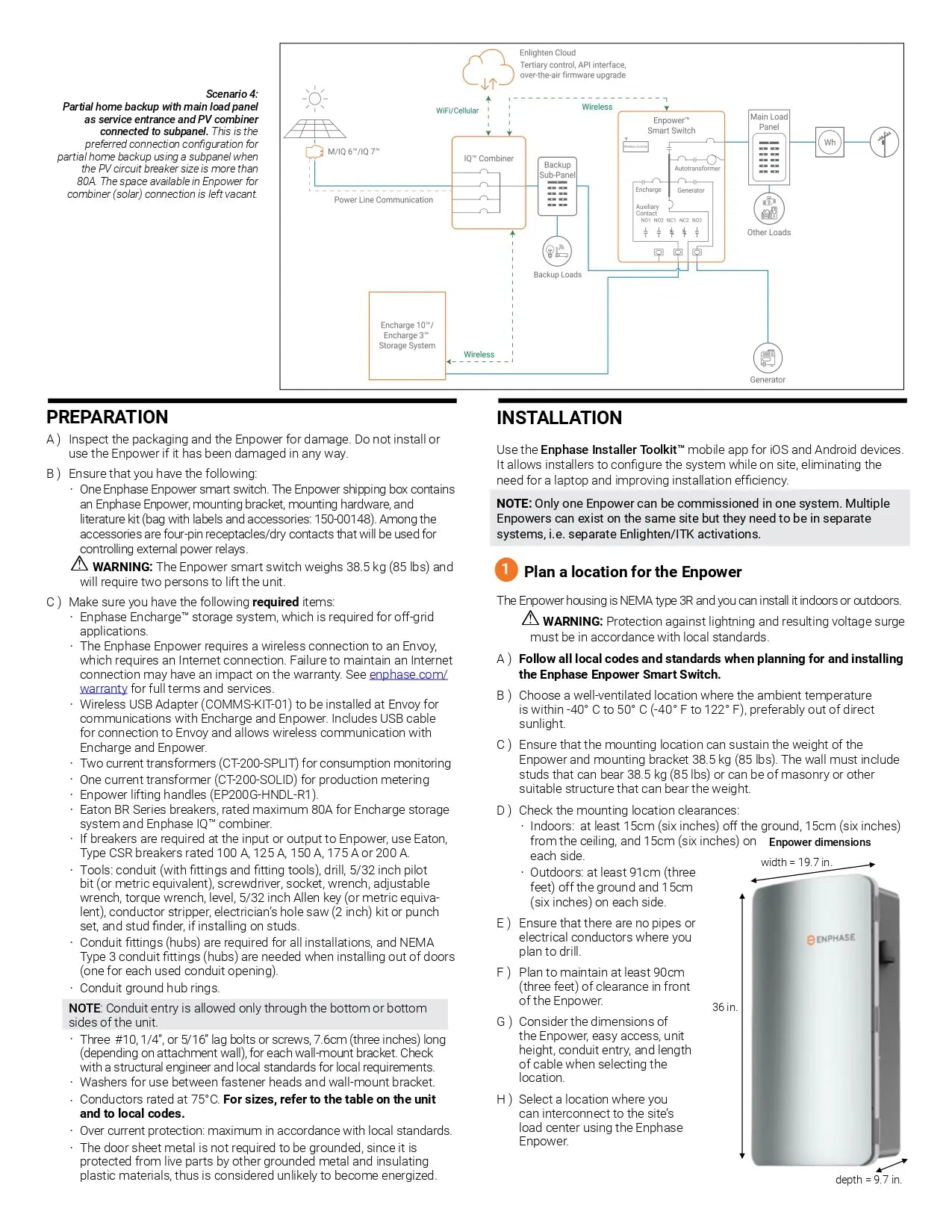 EP200G-HNDL-R1 smart switch installation handle kit mentioned in the Enphase Enpower Quick Install Guide datasheet.
