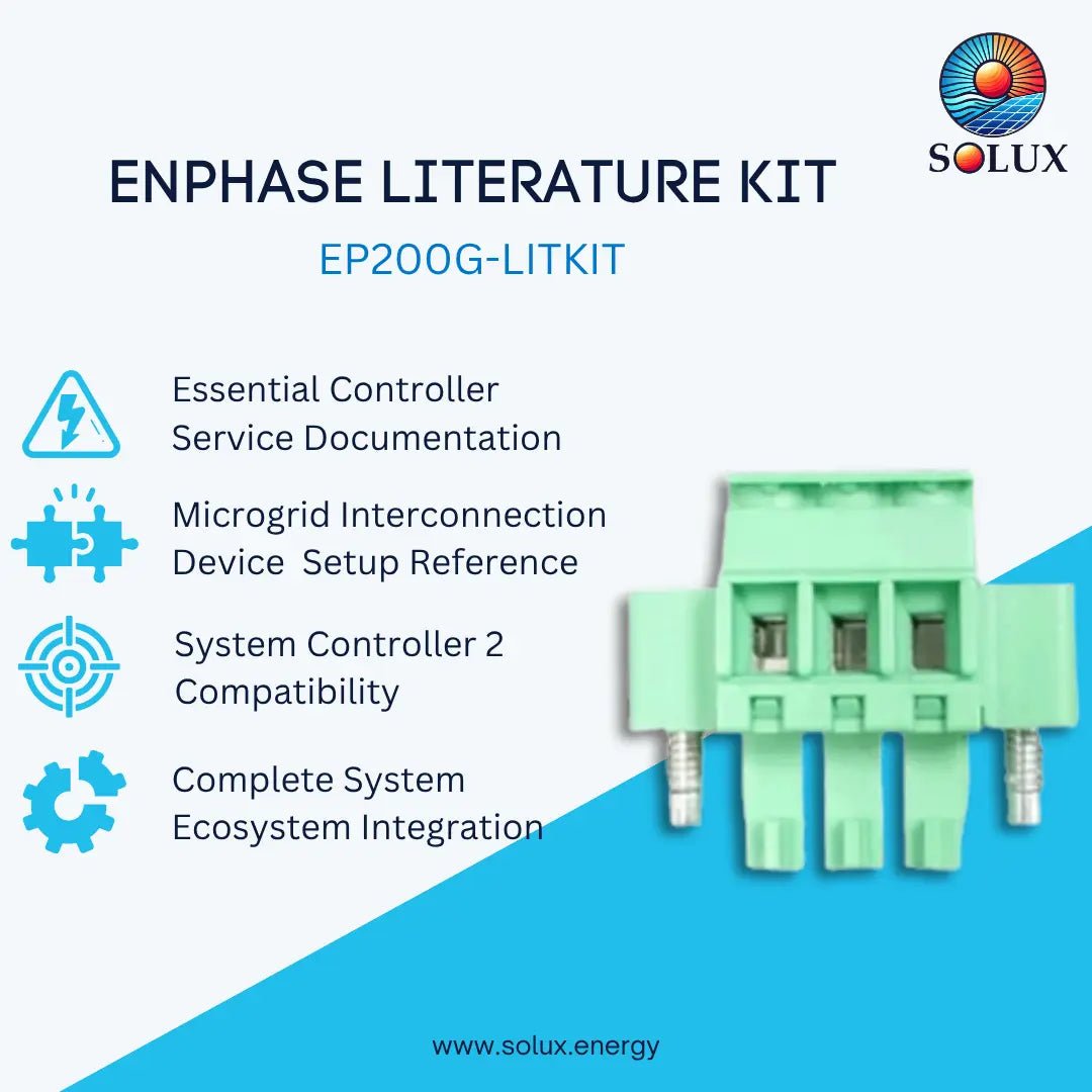 Promotional graphic for the Solux Enphase Literature Kit EP200G-LITKIT, featuring a mint green 4-pin electronic connector on the right and a list of included documentation and compatibility topics on the left against a white and blue background.