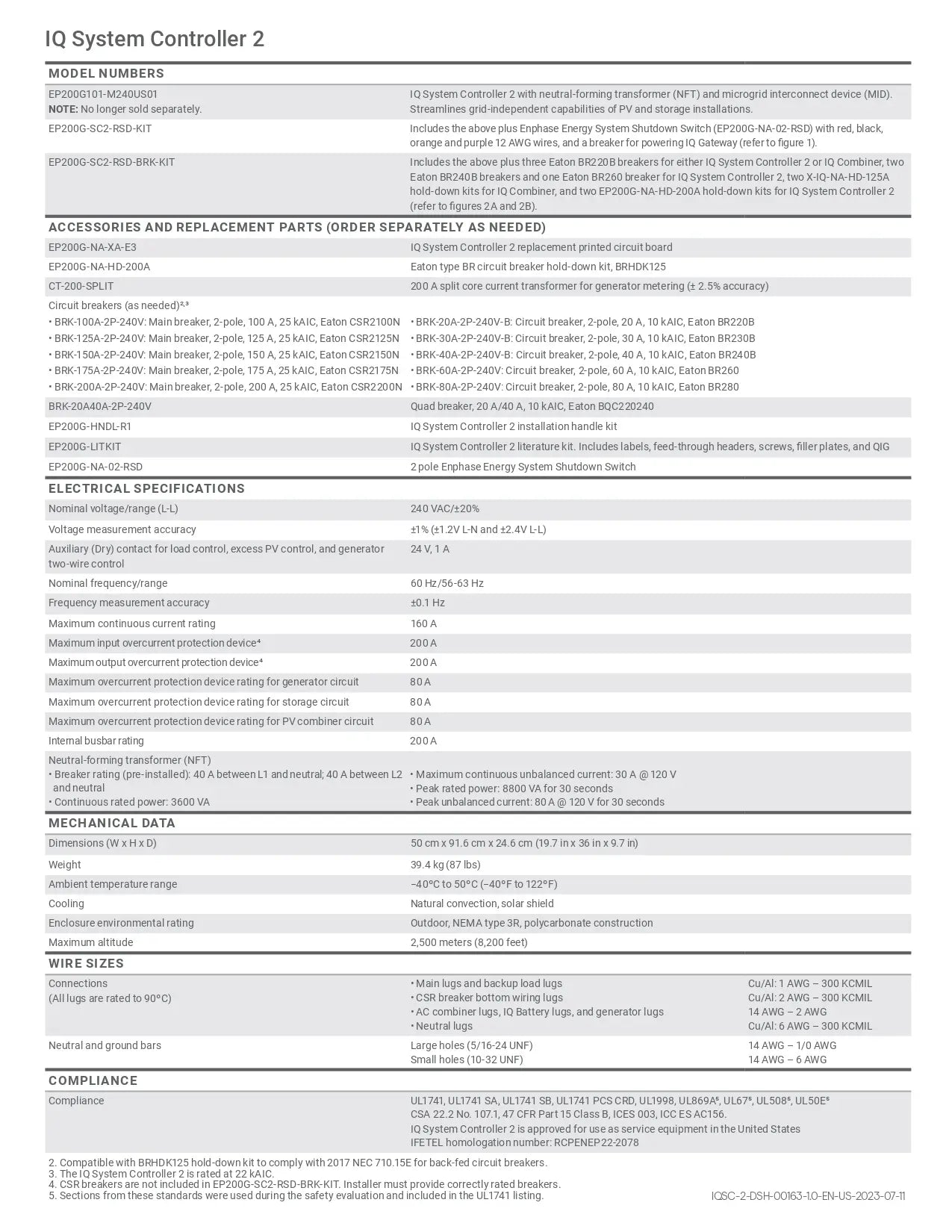 A technical specification and parts list sheet for the IQ System Controller 2, detailing model numbers, accessories, electrical specifications, mechanical data, wire sizes, and compliance standards in a structured table format.