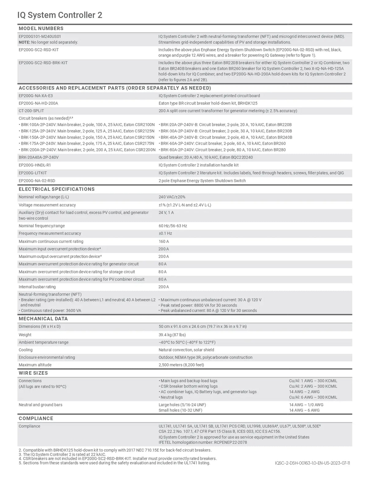 A technical specification and parts list sheet for the IQ System Controller 2, detailing model numbers, accessories, electrical specifications, mechanical data, wire sizes, and compliance standards in a structured table format.