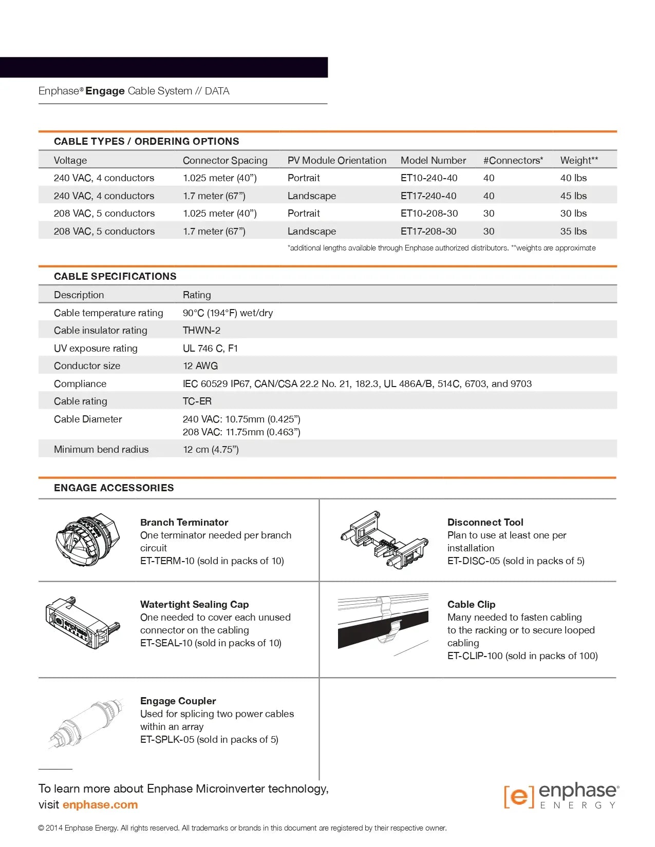 Data sheet for ET10-208-BULK enphase portrait cable, including cable specifications and Engage system accessories.