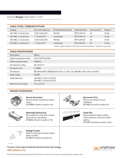 Data sheet for ET10-208-BULK enphase portrait cable, including cable specifications and Engage system accessories.
