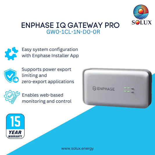 Promotional graphic for the Enphase IQ Gateway Pro GW0-1CL-1N-DO-OR by Solux, showing the silver-gray rectangular gateway device on a white and bright blue background with feature callouts and a 15-year warranty badge.