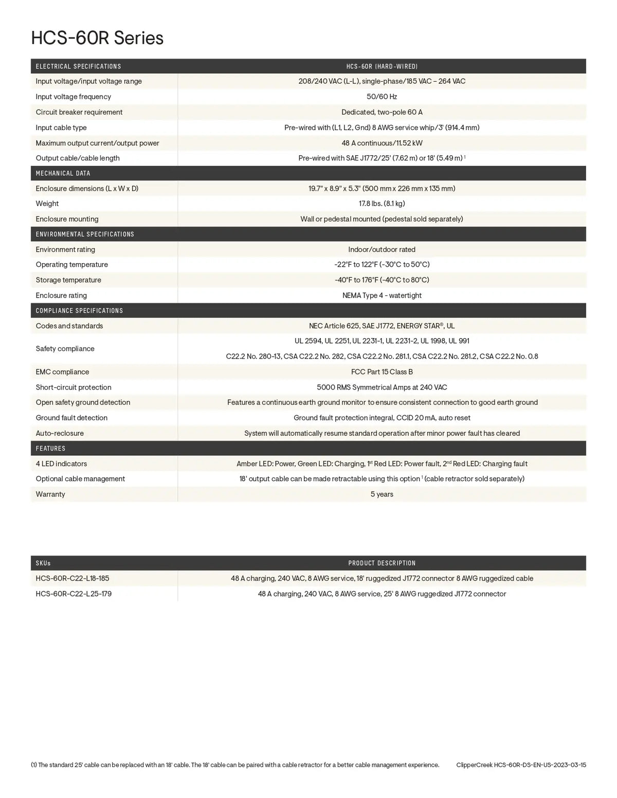 A technical specification sheet for the HCS-60R Series, detailing product features, environmental specifications, safety standards, and a comparison table against the HCS-60R-C22-CN-SS and HCS-60R-C22-CN-ST models.
