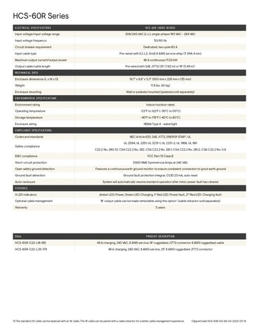 A technical specification sheet for the HCS-60R Series, detailing product features, environmental specifications, safety standards, and a comparison table against the HCS-60R-C22-CN-SS and HCS-60R-C22-CN-ST models.