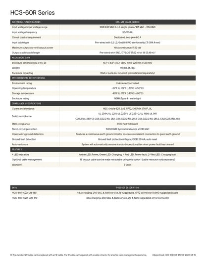 A technical specification sheet for the HCS-60R Series, detailing product features, environmental specifications, safety standards, and a comparison table against the HCS-60R-C22-CN-SS and HCS-60R-C22-CN-ST models.