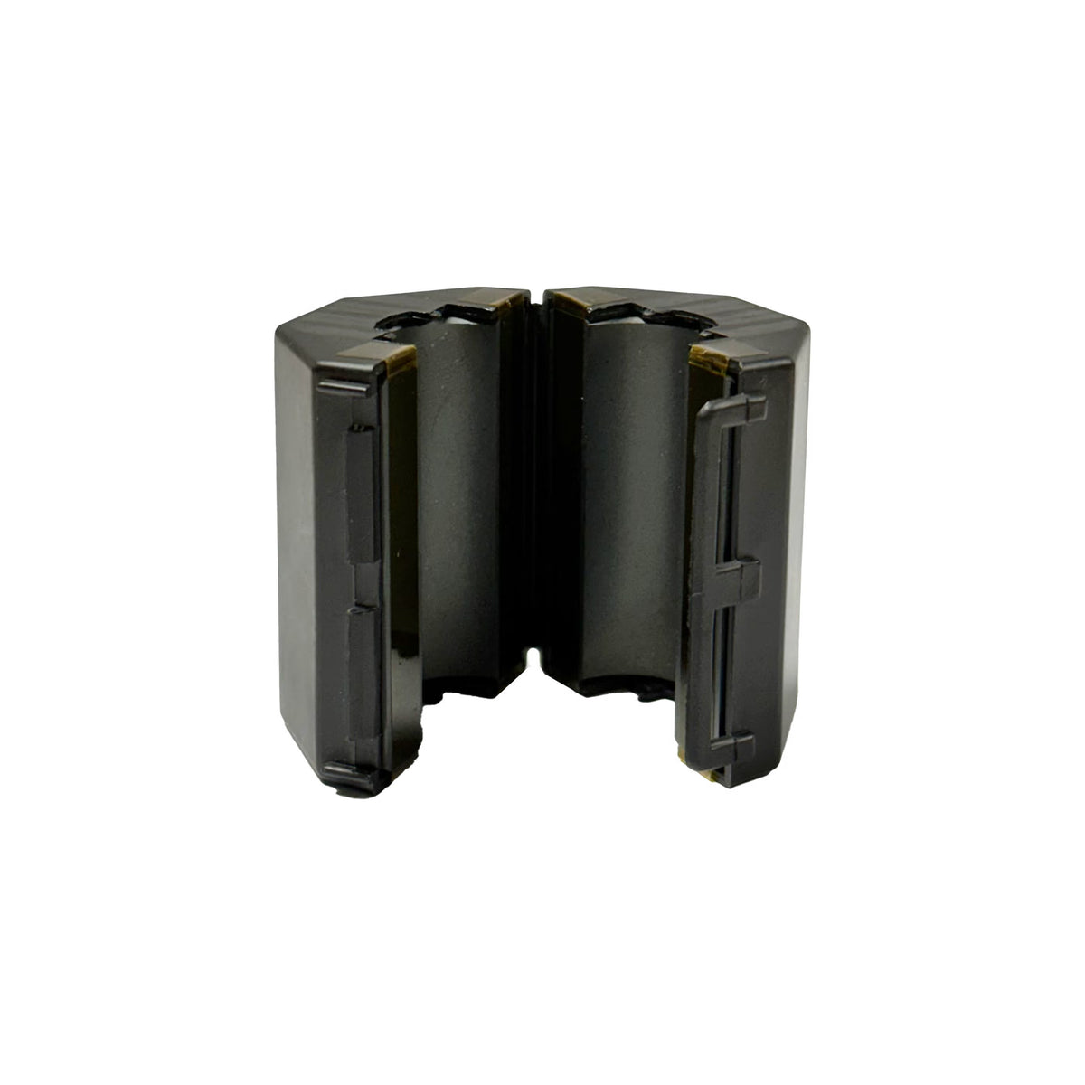 Enphase gapped ferrite, a black plastic cylindrical components with a split design, shown on a plain white background.