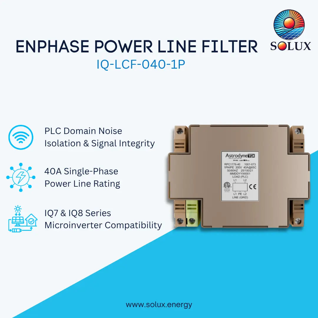 SOLUX Enphase Power Line Filter IQ-LCF-040-1P shown on a light blue and white background with product specifications and icons.