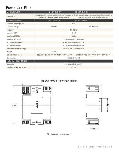 A technical specification and dimension sheet for the Power Line Filter model ICF-LOF-40-I9, showing electrical specs, mechanical fittings, and front/back dimension diagrams in millimeters.