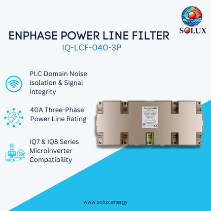 SOLUX Enphase Power Line Filter IQ-LCF-040-3P product graphic on a white and blue background, showing the metallic filter module with feature callouts including PLC domain noise isolation, 40A three-phase power line rating, and IQ7 & IQ8 series microinverter compatibility.