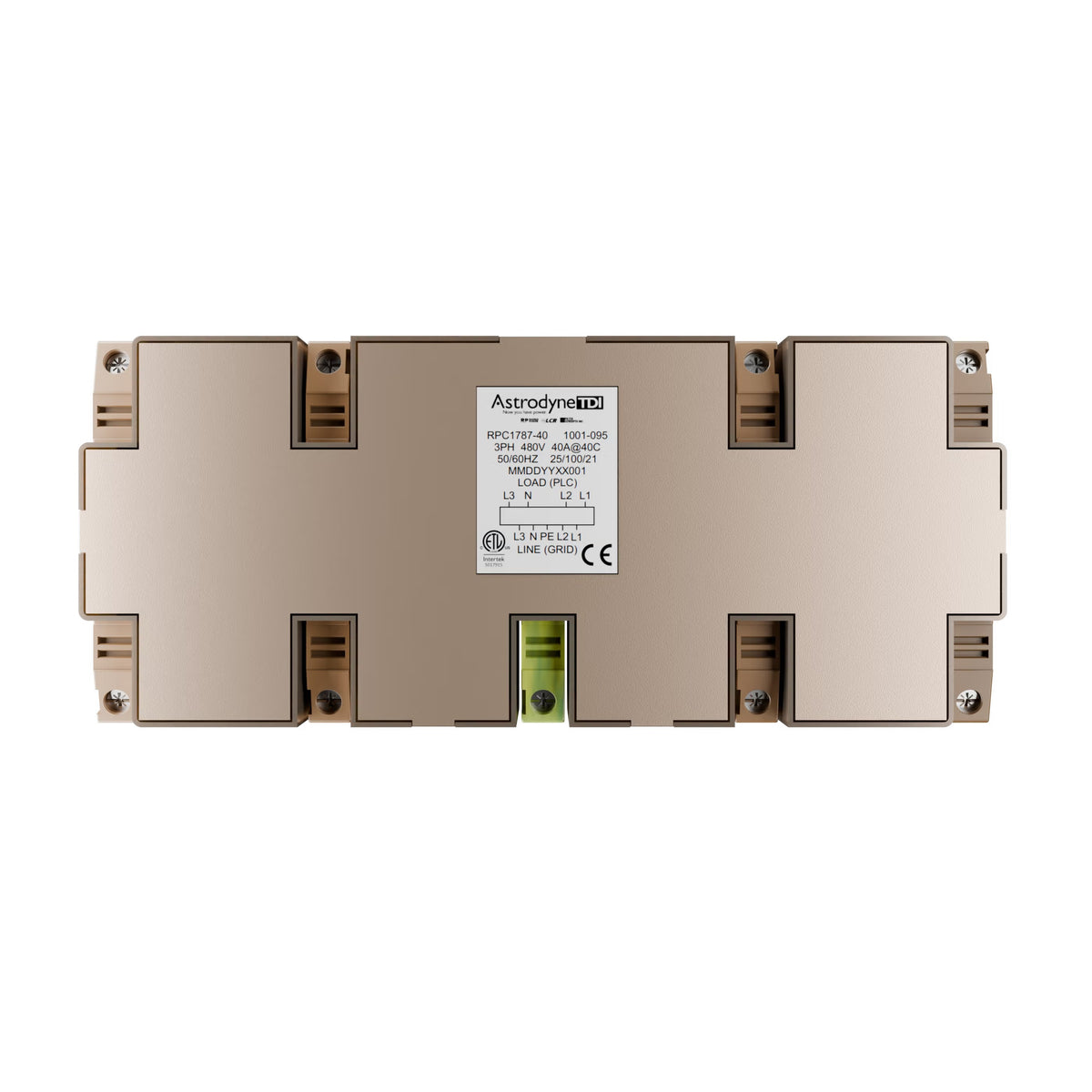 An Astrodyn 4000 industrial electronic module, model DRS-1750-4000, shown from a top-down view on a solid white background. The module features a metallic gold chassis with a central white label containing technical specifications and a small green indicator window.